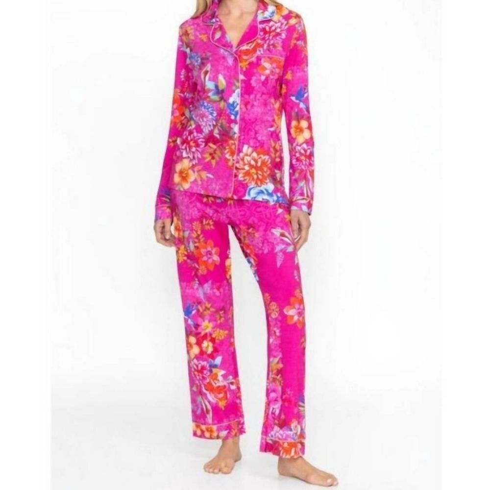 Johnny Was Carly MS8224-B Pink Floral Pj's Long Sleeve Button Up Top W/Pants XS